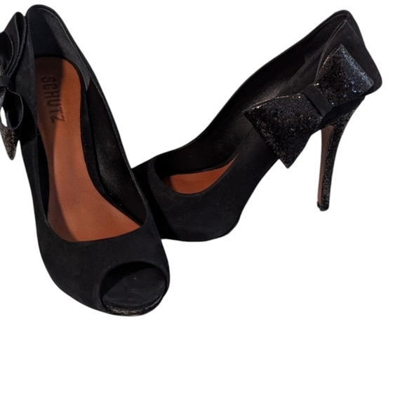 Schutz, Black Peep-Toe Heels with Bow and Sequins, Size 5 - Picture 2 of 5